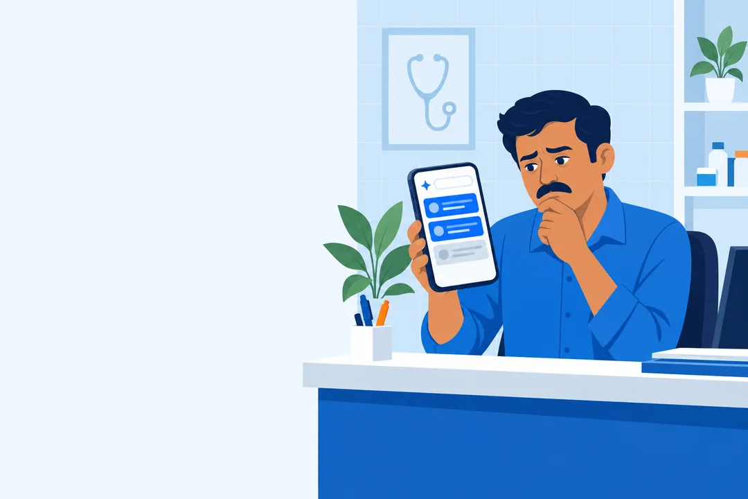 Illustration: an Indian clinic owner looking at his phone, where an AI answer names two other businesses and leaves his own greyed out