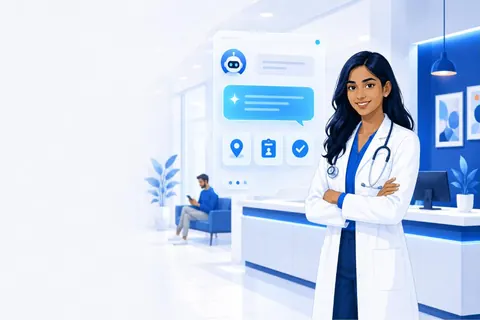 Illustration: an Indian doctor in a clinic while an AI answer shows her location and credentials