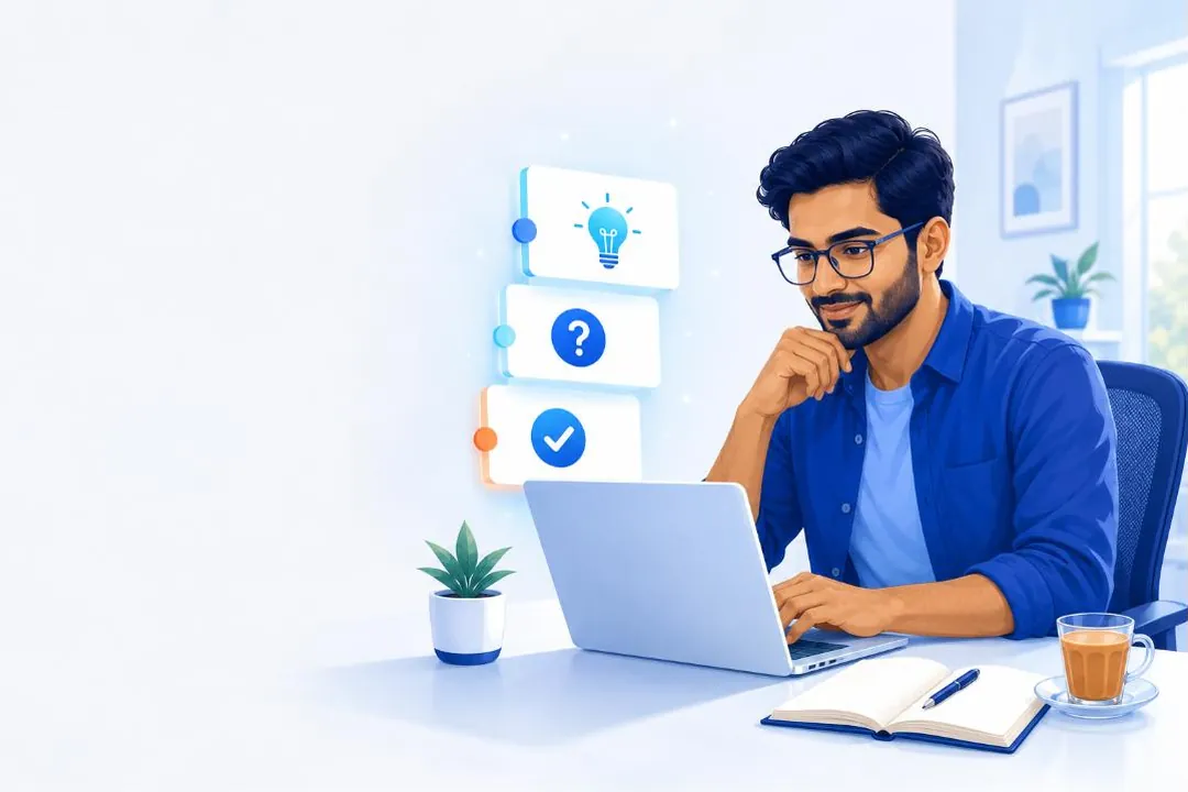Illustration: an Indian professional reading plain guides on a laptop, with an open book and a lightbulb