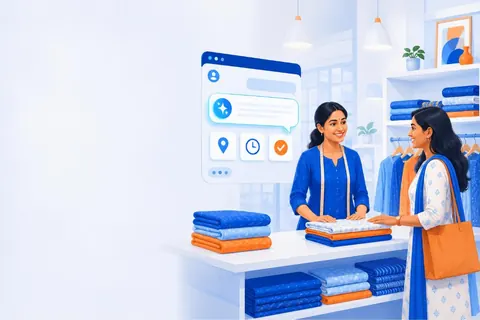 Illustration: an Indian shop owner at the counter while an AI answer shows a map pin