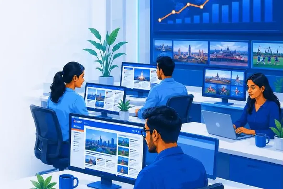 Illustration: the StartupFeed newsroom, a small Indian editorial team writing and checking articles at their desks