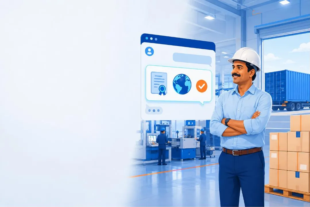 Illustration: an Indian factory floor with export cartons and a buyer checking suppliers on a laptop