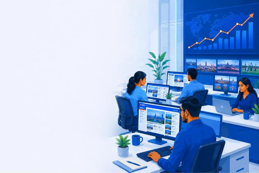 Illustration: the StartupFeed newsroom, a small Indian editorial team at work