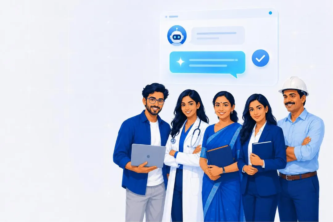 Illustration: five Indian business people from different trades standing together: a founder, a doctor, a school principal, a chartered accountant and a factory owner