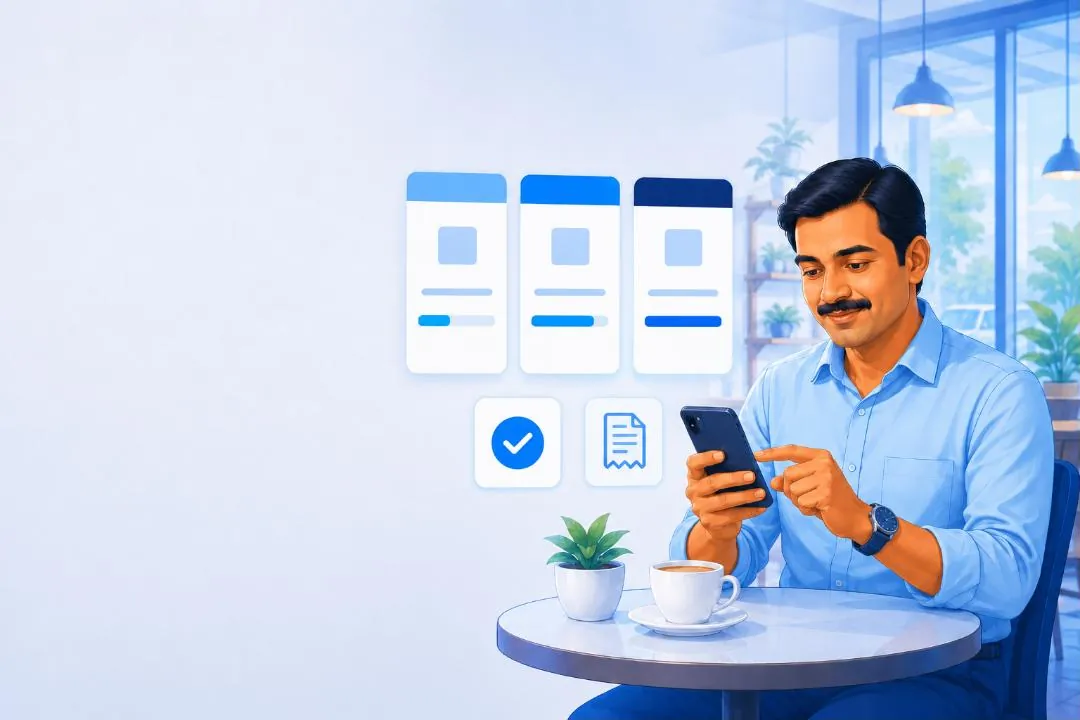 Illustration: a business owner choosing a plan on a phone and paying by UPI