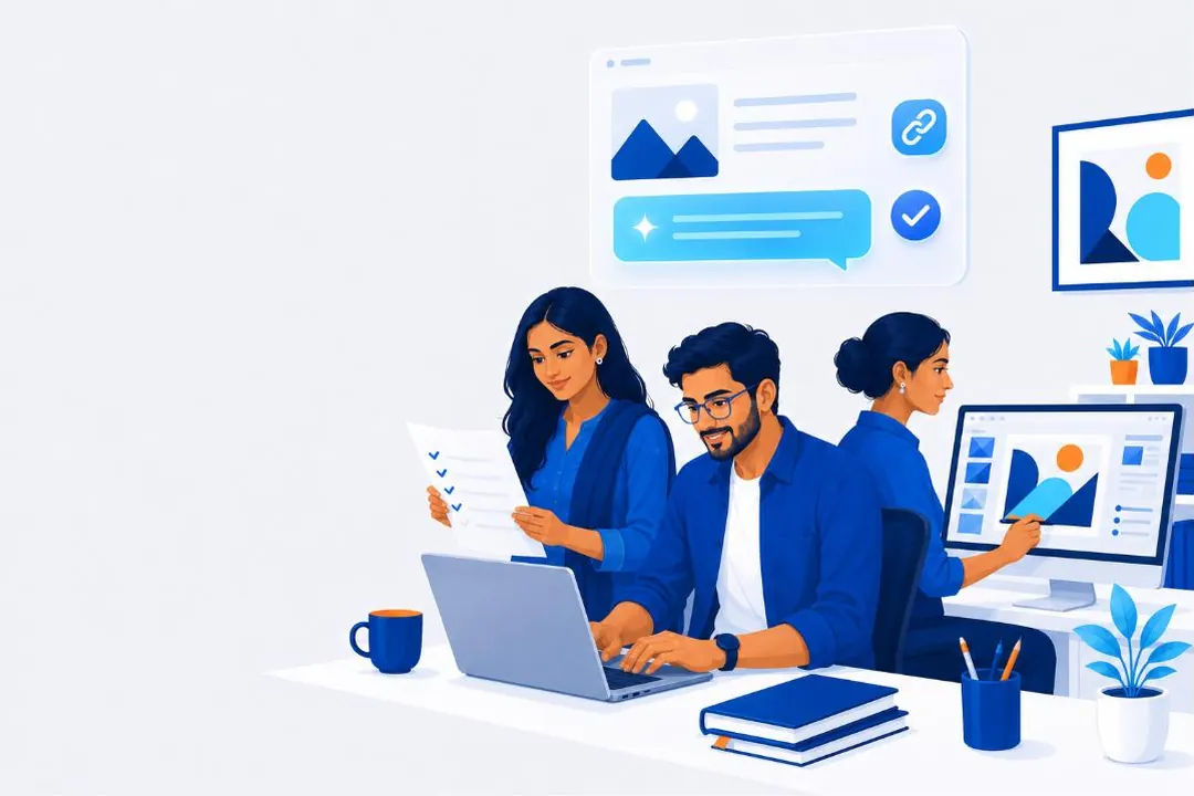 Illustration: a writer, an editor and a designer preparing a checked article