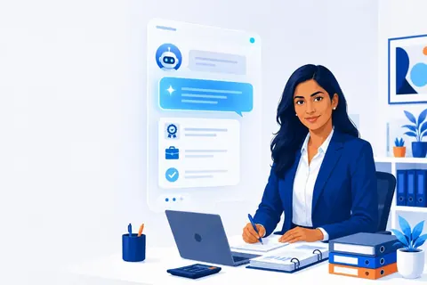Illustration: an Indian chartered accountant at her desk while an AI answer lists her qualifications