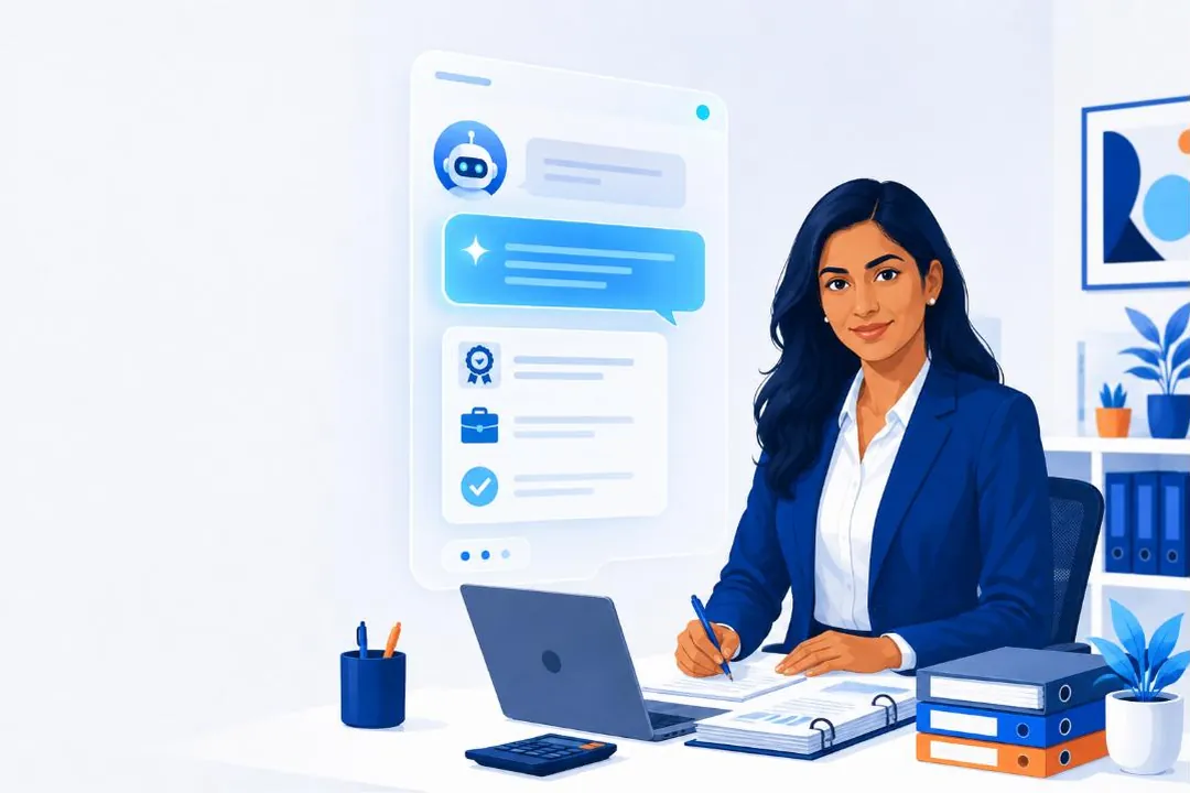 Illustration: an Indian chartered accountant at her desk while an AI answer lists her qualifications