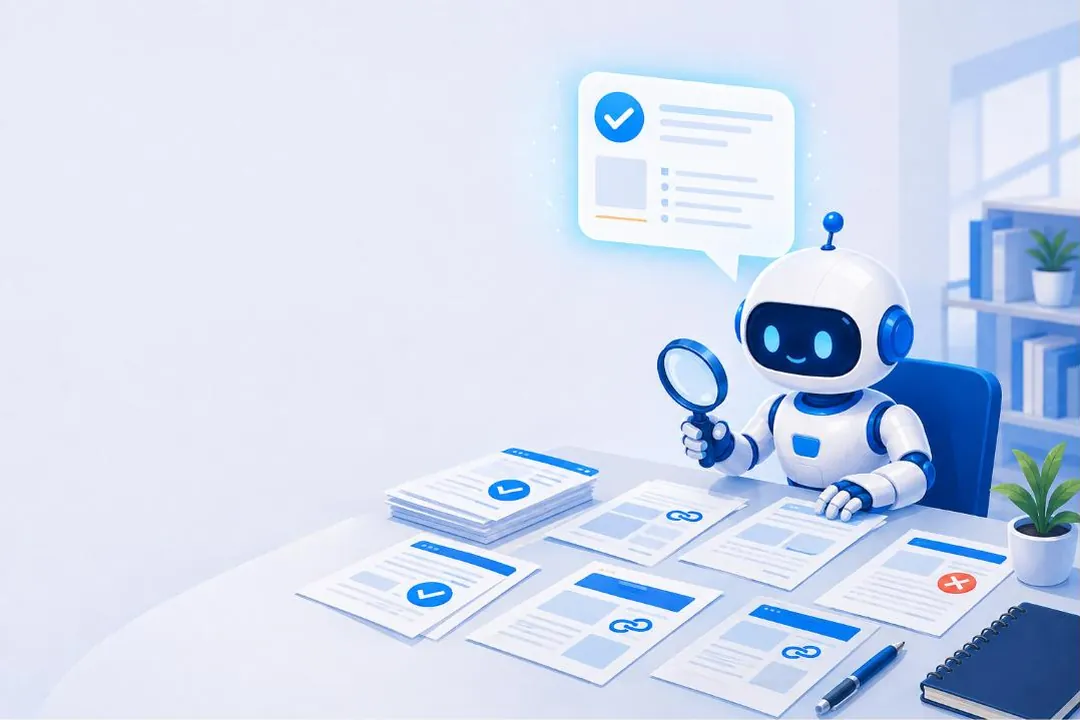 Illustration: a small robot researcher reading public documents with a magnifying glass