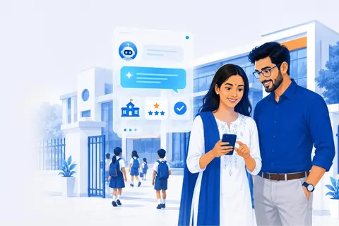 Illustration: parents outside an Indian school checking an AI answer on a phone