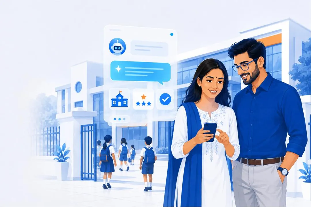 Illustration: parents outside an Indian school checking an AI answer on a phone