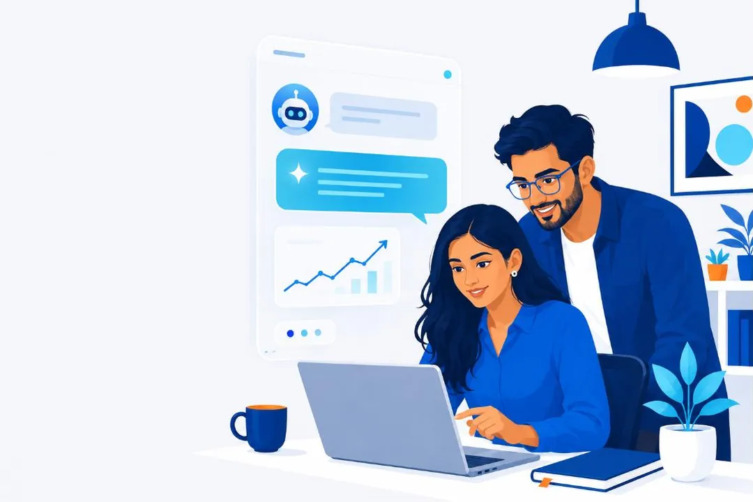 Illustration: two Indian startup founders at a laptop while an AI chat window answers beside them