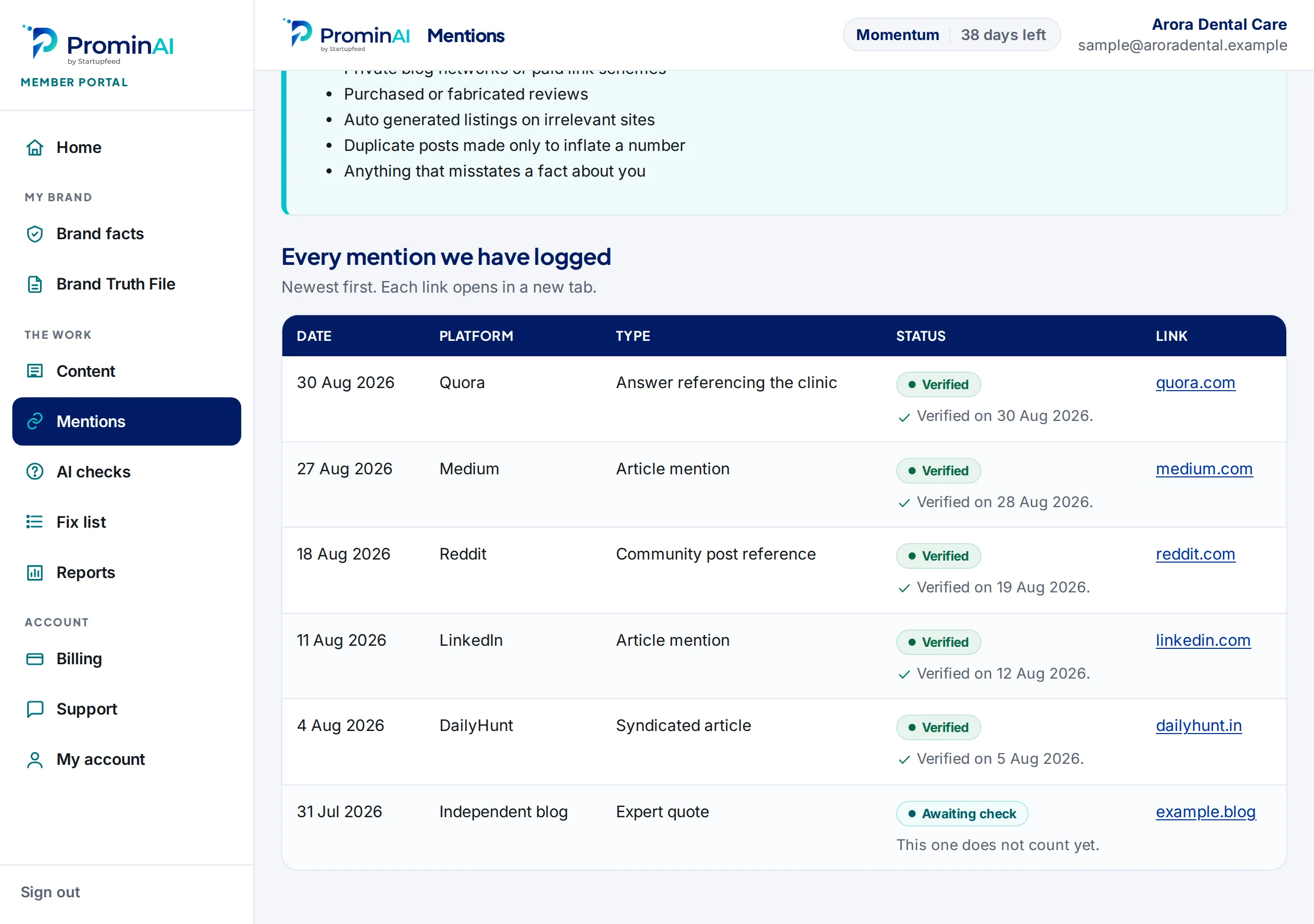 The Mentions screen of the ProminAI portal: every logged brand mention with its date, platform, type, verified status and live link